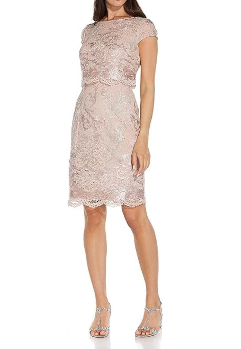 Adrianna Papell Champagne Gold Popover Mesh Midi Dress