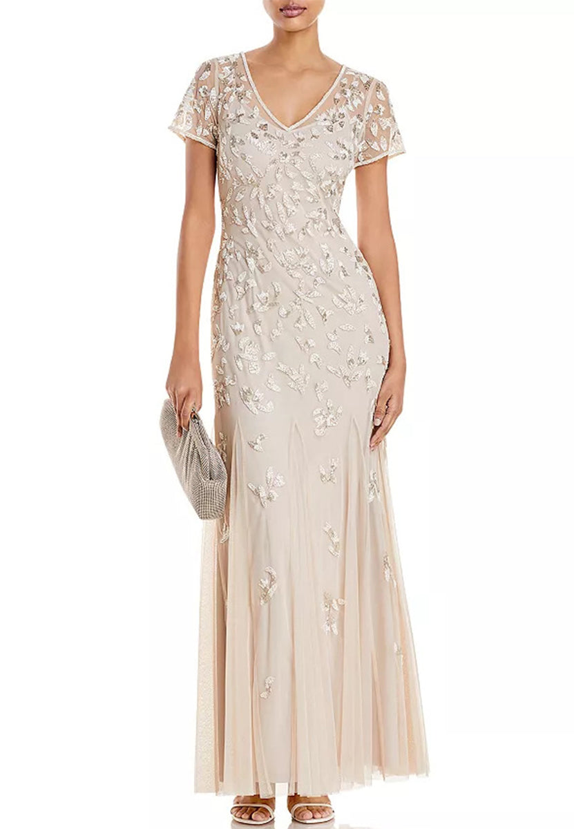 Adraianna Papell Beige V Neck Beaded Godet Gown Wardrobista