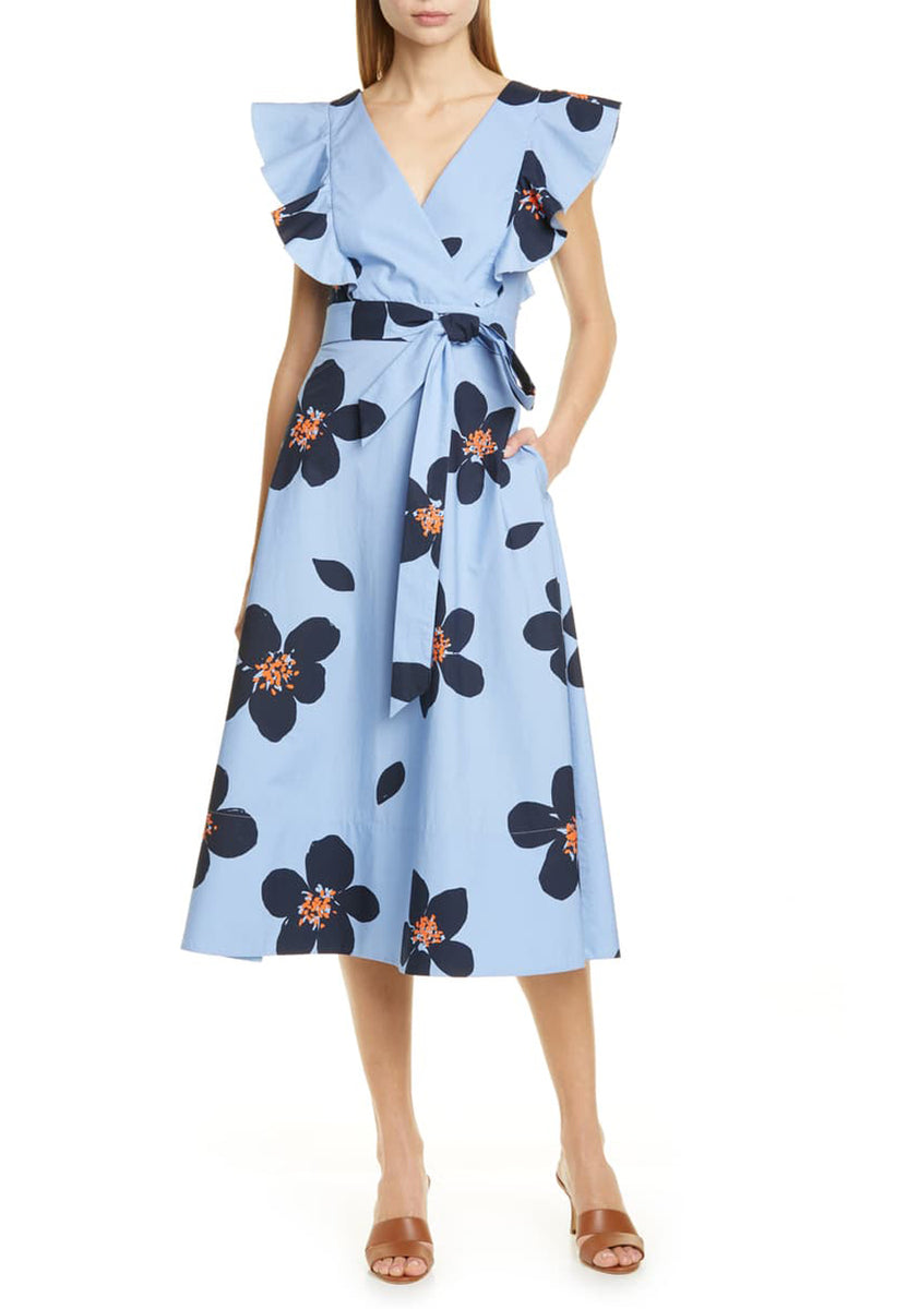 Kate Spade New York BLUE Women's Grand Flora Poplin Midi Dress, US 4 