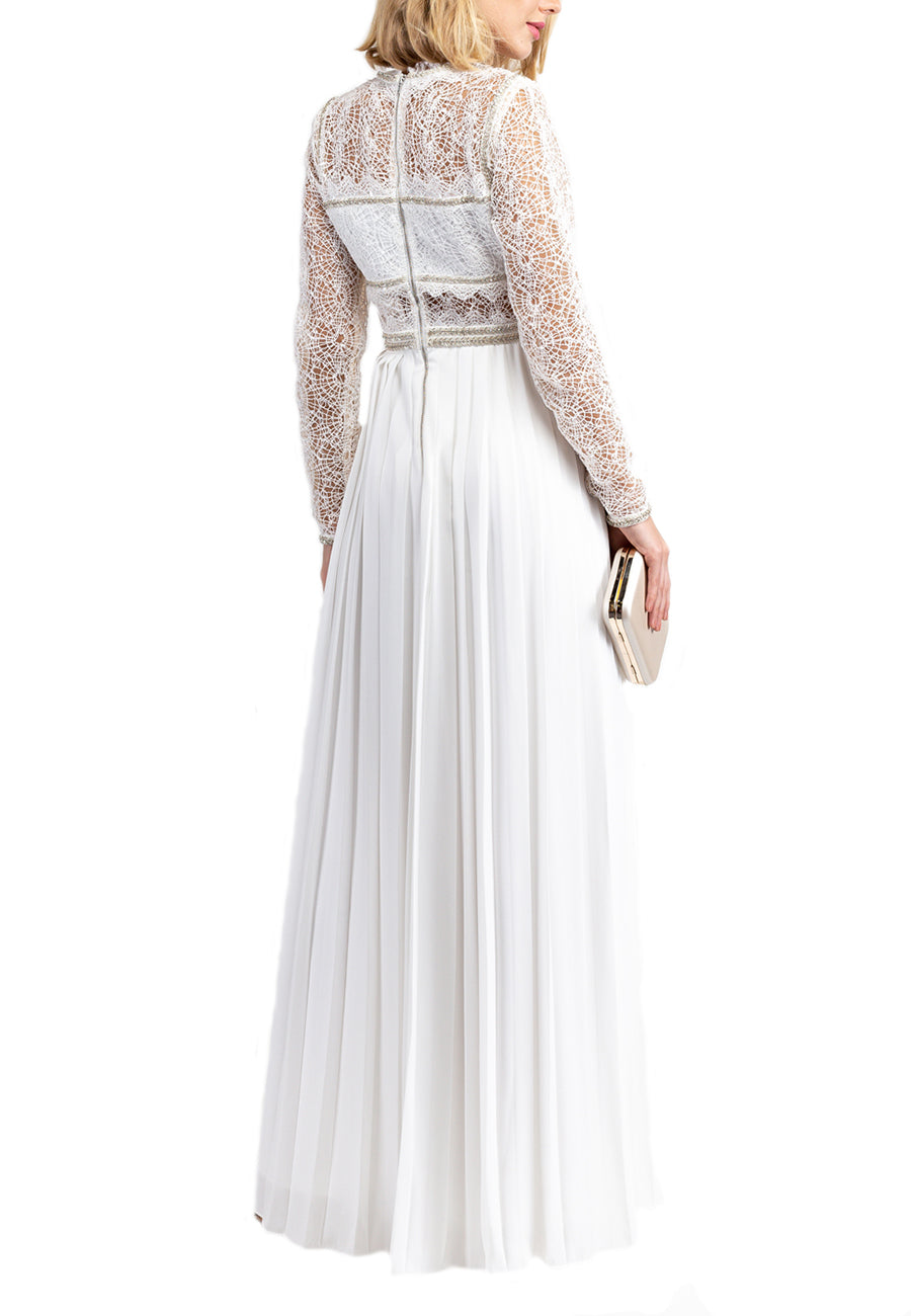 Self Portrait White Long Sleeves Embellished Lace & Crepe Maxi